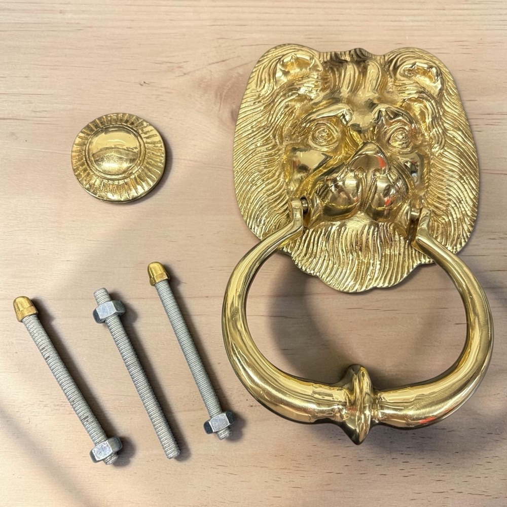 Vintage Solid Polished Brass Lion Head Door Knocker Complete w/ Striker & Bolts